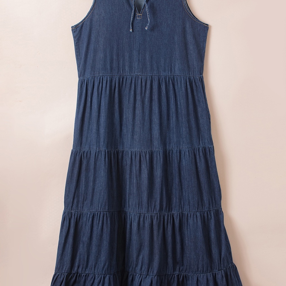 LAST ONE 🔥B124 Sleeveless Tiered Chambray Maxi Dress - Picture 4 of 4